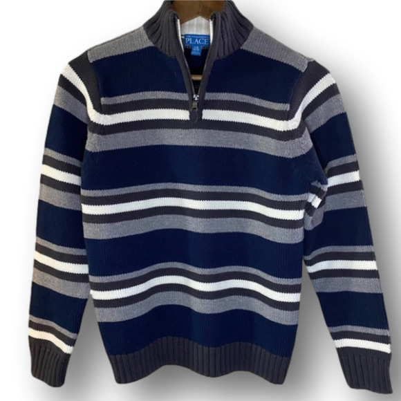 🎈$10 add on. Youth Gap Sweater. Zip collar navy grey white striped. - Picture 1 of 9
